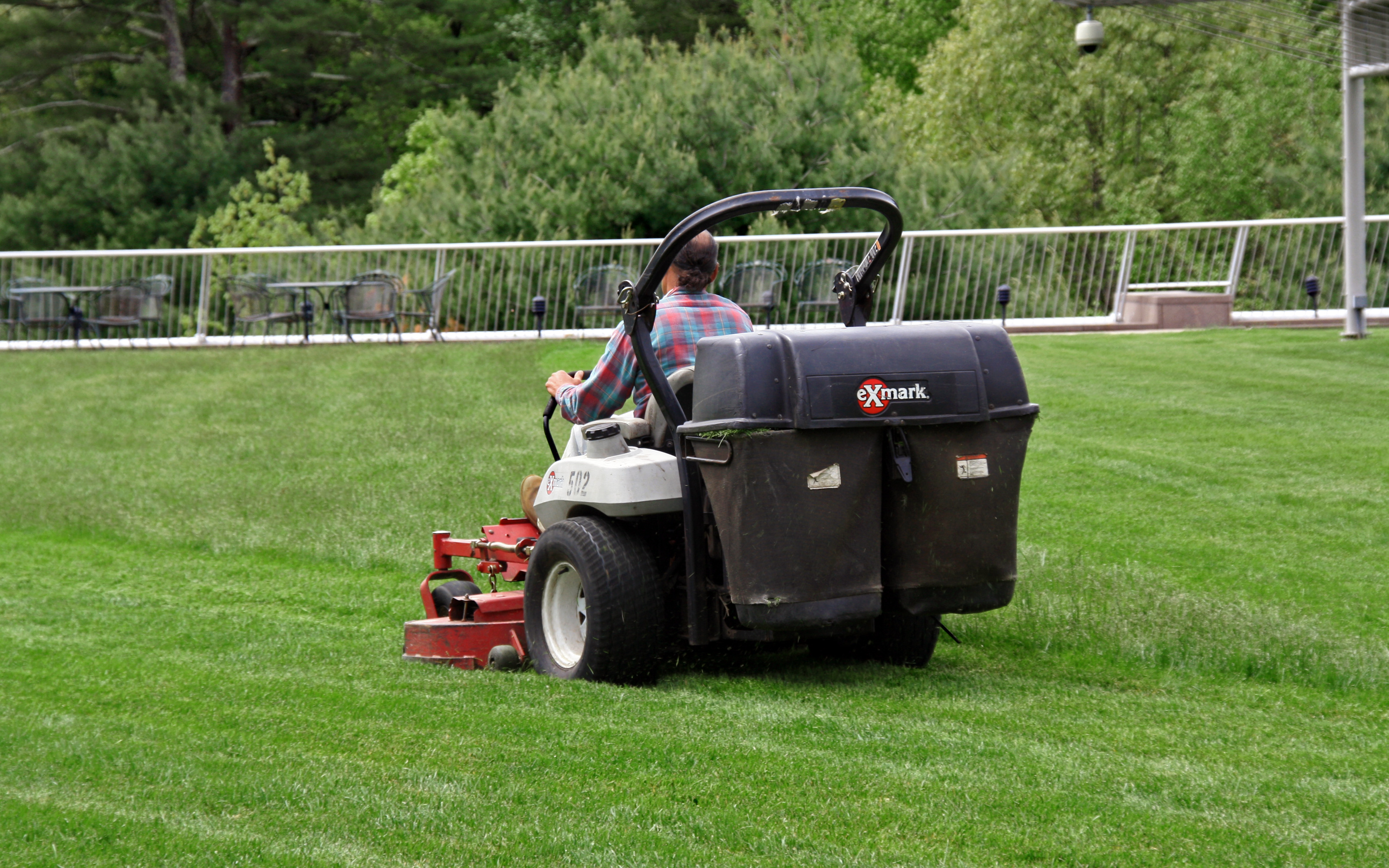 Man mowing grass on a green roof